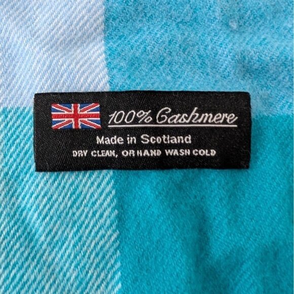 Scottish 100% Cashmere Check Scarf Womens Blue Fringe Rectangle 65 Inches - Picture 5 of 6